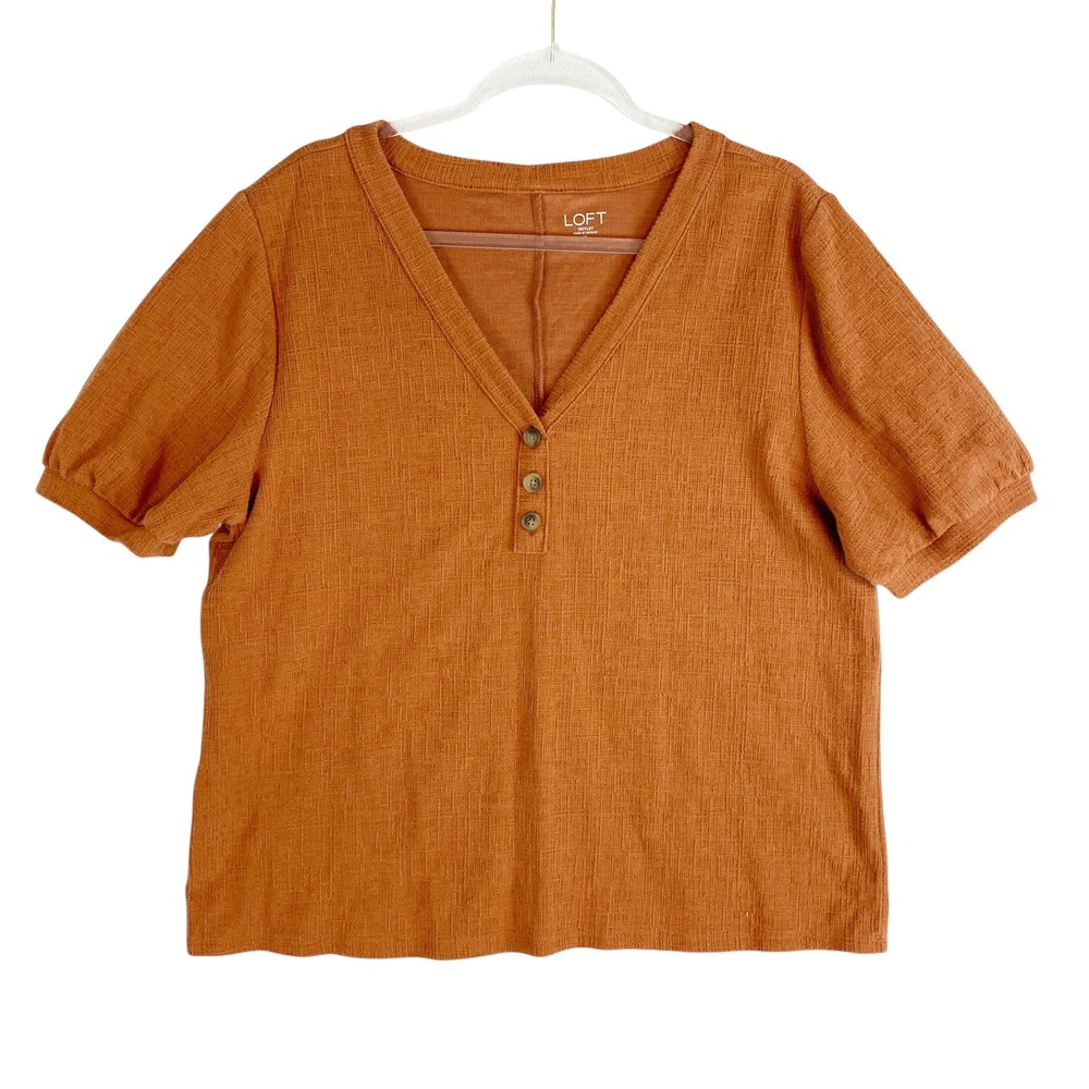 Loft Outlet Womens XL Burnt Orange Henley Puff Sleeve‎ Textured Top Granola Girl